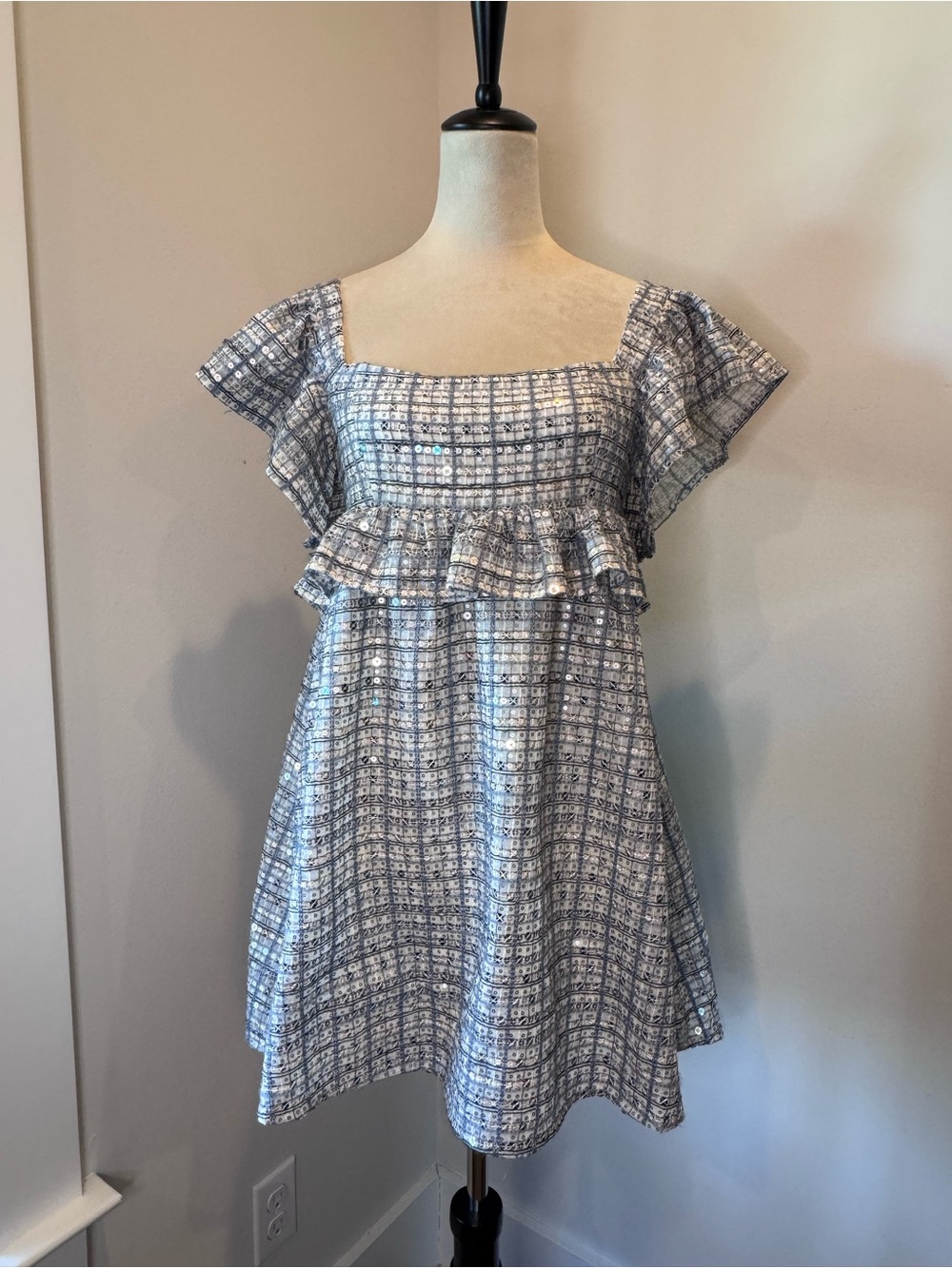 White and Blue Plaid Ruffle Sequin Mini Dress